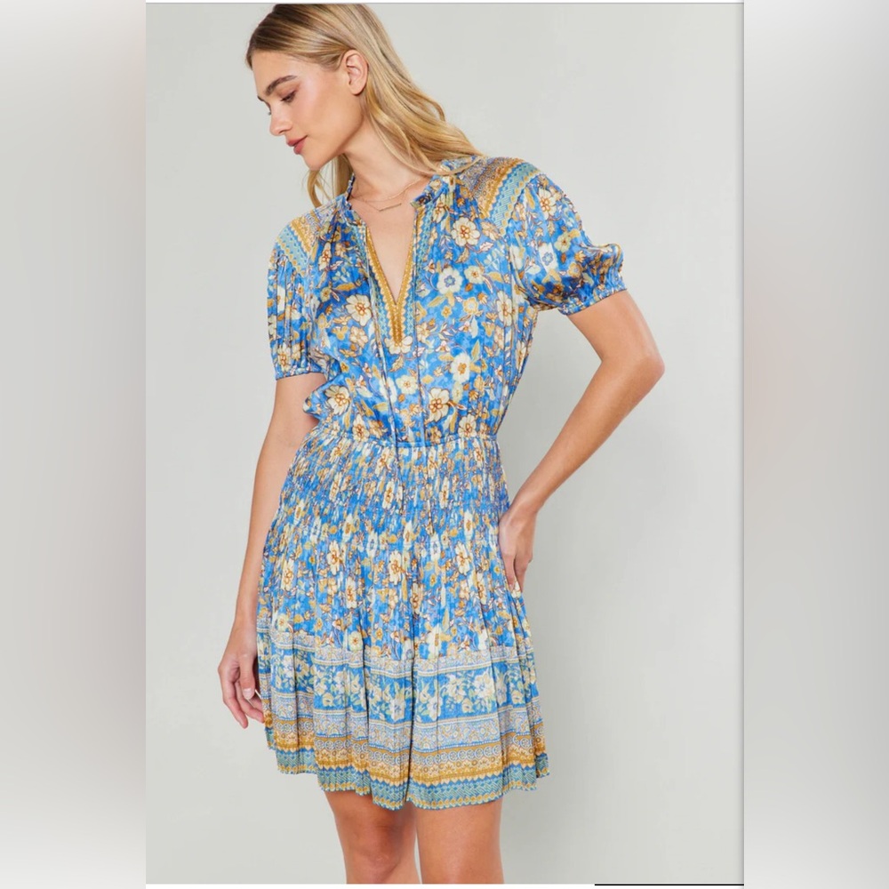 Anthropologie Current Air Border Print Short Sleeve Dress Blue Sand